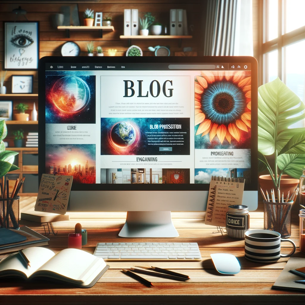Modern and engaging blog page on a desktop in a cozy home office setup, illustrating the integration of personal passion with professional web presence